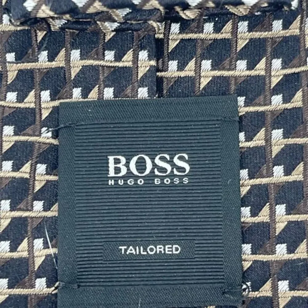 Hugo Boss Black/Gold/Silver Geometric Seta Soie‎ Silk Handmade Tie